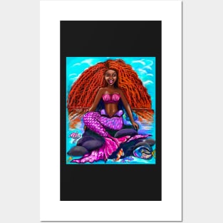 Black mermaid with flowing red locks singing , brown eyes Afro hair and caramel brown skin Posters and Art